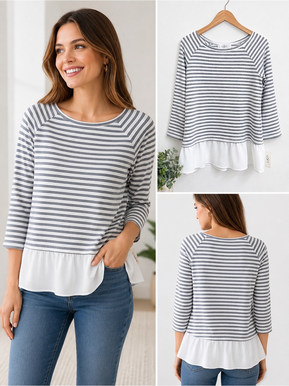 LOFT Striped Peplum Blouse NWT Gray White Ruffle Hem 3/4 Sleeve Top Women’s NEW
